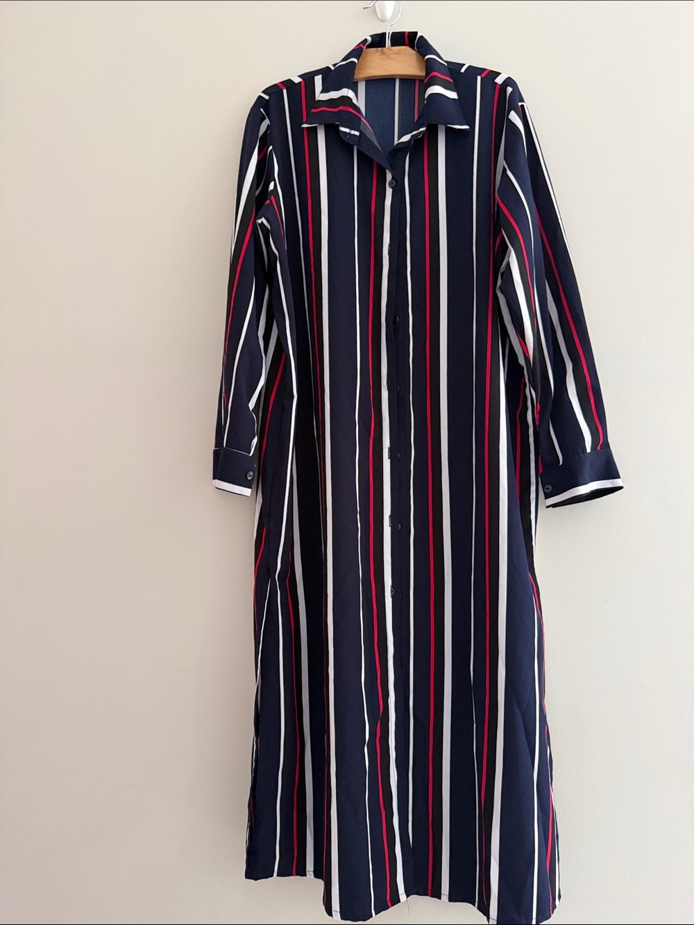 Classic Navy Stripe Maxi Shirt Dress - Navy, White & Red